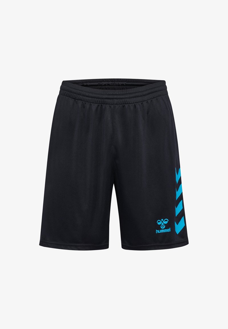 Shorts de sport noirs avec taille élastique, ornés de bandes chevrons bleues et d'un petit logo hummel bleu sur la jambe droite.