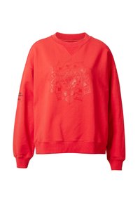 Rode sweatshirt met een gestructureerd mandala patroon in het midden, voorzien van geribbelde manchetten en een ronde hals voor comfort, gemaakt van zachte stof.