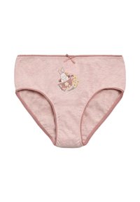 Bragas de algodón de color rosa claro con una textura suave, que presentan un diseño de un conejo impreso en una taza de té y un lazo decorativo en la cinturilla.