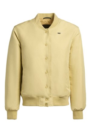 Jachetă bomber galben deschis, cu guler rotund, închidere cu nasturi popper, mansete și talie ribbed. Material neted, buzunare laterale, branding minim.