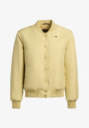 Jachetă bomber galben deschis, cu guler rotund, închidere cu nasturi popper, mansete și talie ribbed. Material neted, buzunare laterale, branding minim.