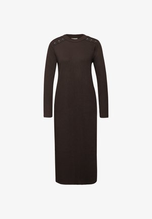 Brown long-sleeve dress made of knitted fabric, featuring a crew neckline and decorative metal grommets on the shoulders.