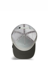Grau und hellkhakifarbenes Cap mit gebogenem Schirm, Mesh-Rücken und grafischen Details im Inneren. Verfügt über einen verstellbaren Riemen hinten.