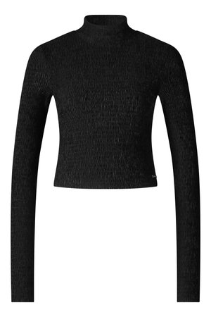 Top negro de manga larga con cuello alto y corte cropped, fabricado con un tejido texturizado de canalé vertical, con escote redondeado y mangas ajustadas.