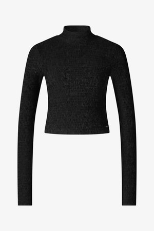 Zwarte lange mouwen turtleneck top met een cropped pasvorm, textuurstof met verticale ribbels, ronde halslijn en slanke mouwen.
