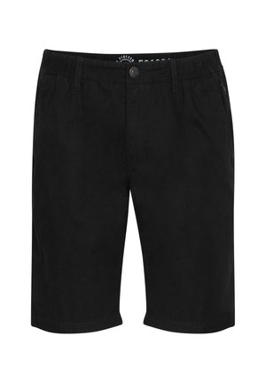 Pantalones cortos negros de suave tela de algodón, con cintura elástica, bolsillos frontales y un diseño frontal plano sin patrones visibles.