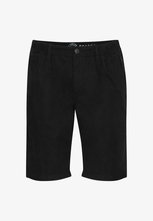 Črne kratke hlače iz mehkega bombažnega materiala, opremljene z elastičnim pasom, sprednjimi žepi in ravnim prednjim dizajnom brez vidnih vzorcev.