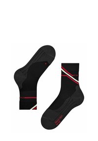 Chaussettes noires avec des rayures diagonales rouges et blanches, bout et talon renforcés, et texture côtelée sur le bord pour un meilleur maintien.