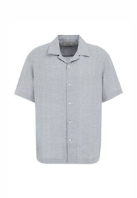 Camicetta a maniche corte con bottoni di colore azzurro chiaro, caratterizzata da un sottile motivo a righe verticali, colletto aperto e una texture morbida.