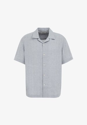 Kurzärmliges Hemd mit Knöpfen in Hellblau, mit einem dezenten vertikalen Streifenmuster, offenem Kragen und weicher Textur.