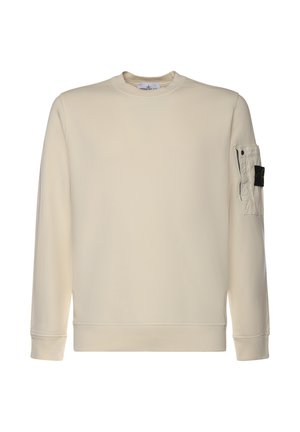 Felpa beige a maniche lunghe con scollo rotondo e una piccola tasca con zip sulla manica sinistra con un logo a patch nero.