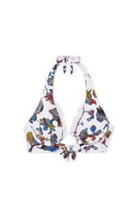 Vit bikiniöverdel med flerfärgad djurmönster, halterneck-knut, volangkanter och en central knutdetalj bak.