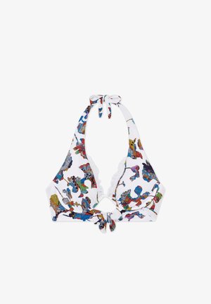 Haut de bikini blanc avec imprimé animal multicolore, lien autour du cou, bords volants et un détail de lien central à l'arrière.