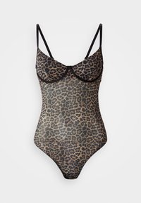 Leopard print bodysuit with sheer mesh material, featuring black straps and cups, black trim along the neckline and leg openings.