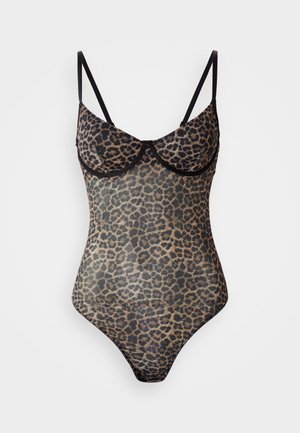 Leopard print bodysuit with sheer mesh material, featuring black straps and cups, black trim along the neckline and leg openings.