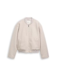 Light beige zip-up jacket with a ribbed collar, cuffs, and hem, featuring two front pockets and a soft textured fabric.