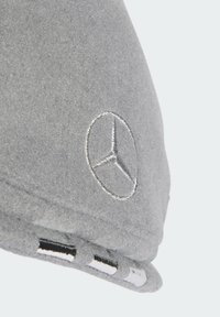 Gray wool hat with a glossy black and silver hardware band. Features embroidered Mercedes logo on the side. Soft texture and structured shape.
