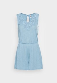 Mono azul claro con diseño sin mangas, detalle de encaje texturizado alrededor del escote y cintura elástica.
