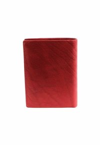Red leather wallet with a smooth texture, rectangular shape, rounded corners, and visible stitching along the edges. No hardware or patterns.