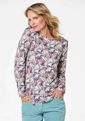 Chemise à manches longues avec un motif floral abstrait multicolore, fabriquée à partir d'un tissu doux, avec une coupe décontractée et un col rond.