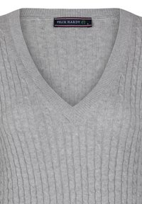 Maglione grigio lavorato a maglia con scollo a V, texture a coste e design a trecce. L'etichetta recita "FELIX HARDY," taglia "S."