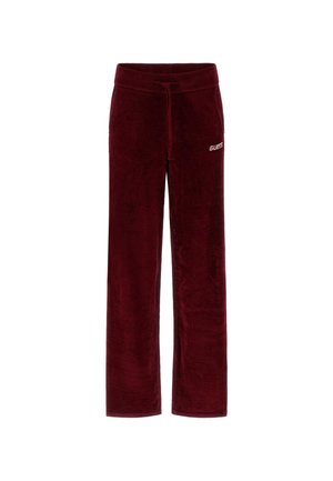 Pantalones de chándal de terciopelo burdeos con cintura elástica y cordón, diseño de pierna recta y logo "GUESS" bordado en blanco en el lado izquierdo.
