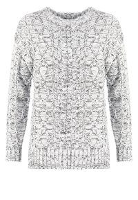 Grau-weißes Strickpullover mit Kabelmuster, Rundhals-Ausschnitt und gerippten Bündchen und Saum. Hergestellt aus weichem, strukturiertem Stoff.