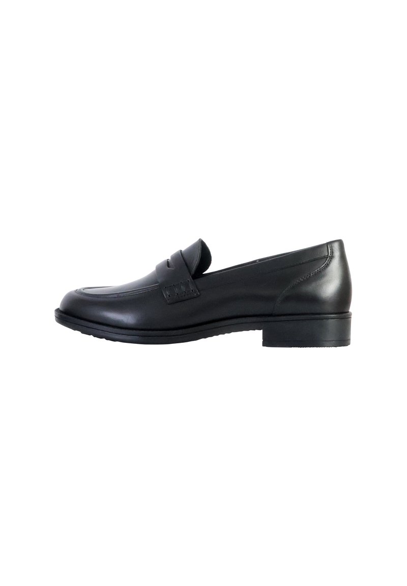 Zwarte leren loafers met een gladde afwerking, ronde neus en een lage blokhak met decoratieve stiksels op de voorkant.