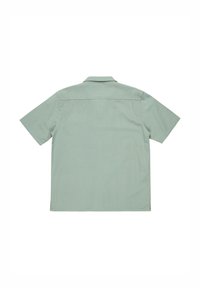Short-sleeve shirt in light green fabric with a textured pattern, featuring a collar and single back yoke detail.