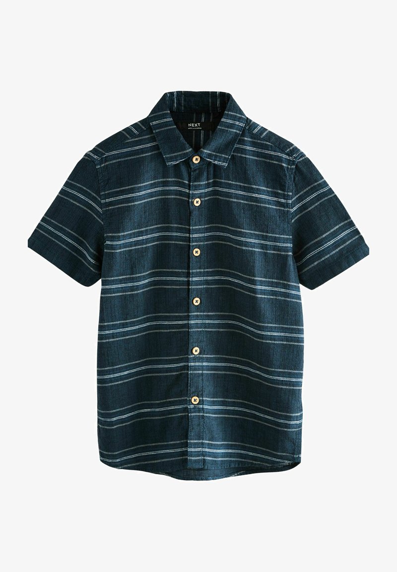 Short-sleeve button-up shirt with dark blue and white horizontal stripes and a classic collar.