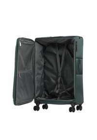 Valigia a ruote di colore verde scuro, con esterno testurizzato, chiusura con doppia zip, interno spazioso con tasche in rete e cinghie di compressione, quattro ruote girevoli.
