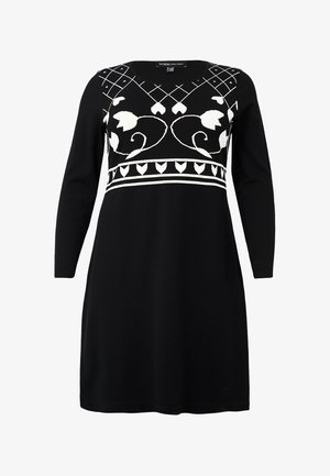 Schwarzes Langarmkleid mit weißen Blumen- und geometrischen Mustern über der Brust und Taille, entworfen für einen stilvollen Look.