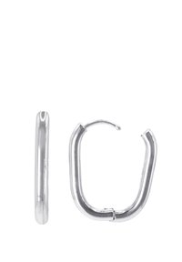 Orecchini a cerchio in argento con un design arrotondato, texture liscia e chiusura aperta. Un orecchino mostra una vista laterale, mentre l'altro presenta la parte frontale.