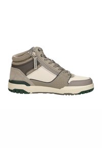 High-top sneaker featuring a blend of light gray and dark taupe suede, with white accents, perforated panels, and a green rubber sole.