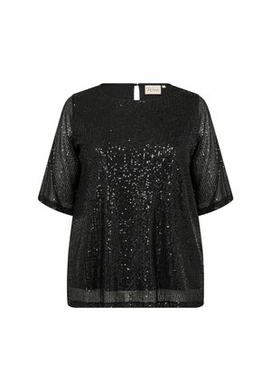 Mustmustri sequined top ümmarguse kaeluse, lühikeste varrukate ja võtmeaugu detailiga seljaosal. Kanga pinnal on tekstureeritud, vilkuma panev pind.