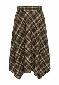 Jupe évasée à carreaux marron et beige avec un ourlet asymétrique et une taille cintrée.