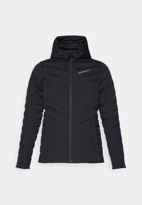 Black puffer jacket with a high collar, front zipper, elastic drawstrings on the hood, and chevron quilted pattern for insulation.
