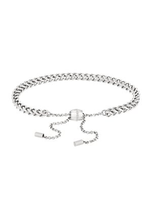 Bracelet en argent réglable avec des maillons tissés et un fermoir coulissant doté de deux extrémités de chaîne pendantes.