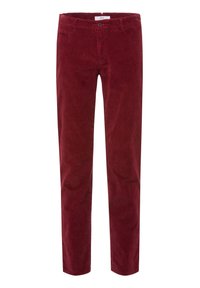 Pantalon en velours côtelé d'un rouge profond, doté de poches, d'une coupe droite et d'une texture côtelée subtile pour plus de dimension. Fermeture à bouton à la taille.
