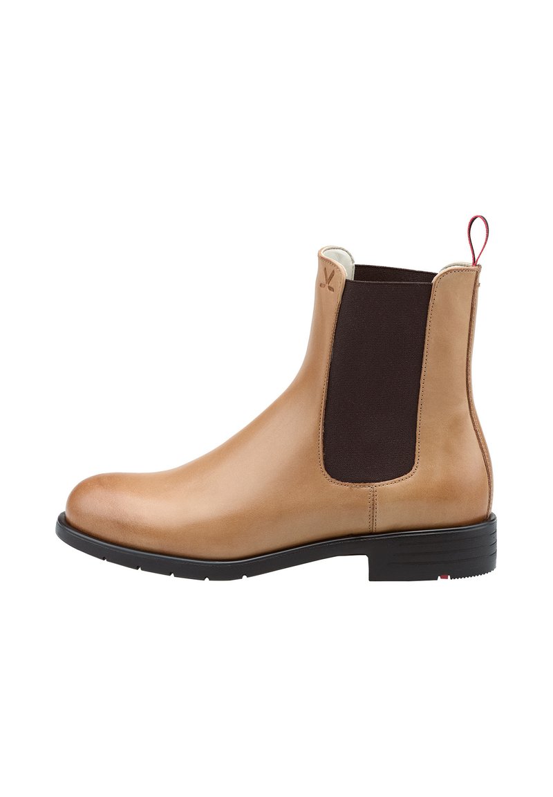 Brązowe skórzane botki Chelsea z elastycznymi bocznymi panelami, zaokrąglonym noskiem i czerwonym uchwytem. Posiadają czarną gumową podeszwę o subtelnej teksturze.