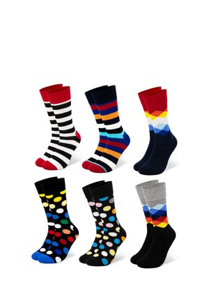 Sechs Paar bunte gemusterte Socken mit Streifen, geometrischen Formen und Punkten in verschiedenen lebendigen Farbkombinationen.