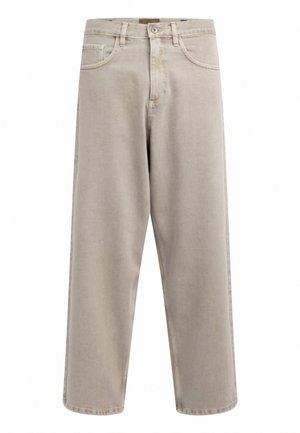 Beige denim trousers with a straight leg design, featuring a front button and zipper closure, and five pockets for functionality.
