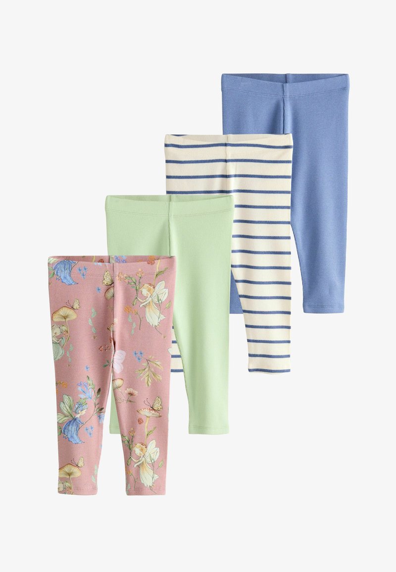Fire par sammenfoldede børneleggings i pastelfarvet blå, creme med blå striber, lysegrøn og lyserød med blomster- og fe-motiv.