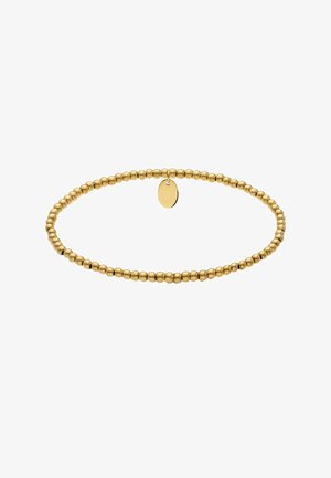Gouden armband met kralen, voorzien van kleine ronde kralen en een platte, ronde taghanger, met een gladde textuur en een uniforme vorm.