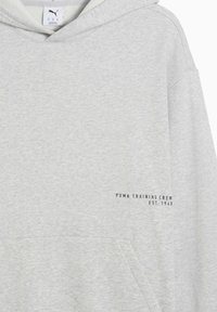 Sweat à capuche gris en tissu doux, avec une capuche à cordon de serrage, une poche avant et un texte imprimé "PUMA TRAINING CREW EST. 1948" en noir.