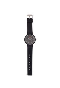 Reloj negro con esfera redonda, correa de silicona negra texturizada, acentos plateados y marcadores de hora blancos. Presenta un logo rojo en el centro.