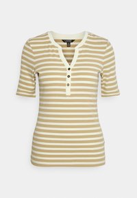 Kortärmad, randig topp i beige och gräddfärgad, med en ribbad struktur, V-ringning och tre knappar fram.