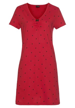 Red short-sleeve dress with black heart patterns, V-neckline, gathered detailing at the bust, and scalloped edges on sleeves and hem.