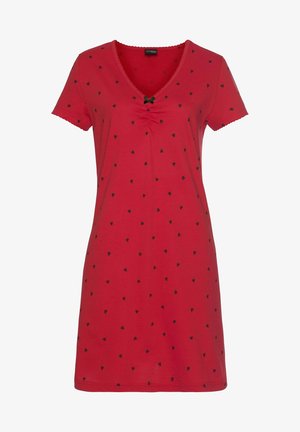 Rotes Kurzarmkleid mit schwarzen Herzmustern, V-Ausschnitt, gerafften Details am Dekolleté und gewellten Abschlüssen an den Ärmeln und dem Saum.