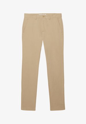 Pantalones beige de corte ajustado para hombre, con bolsillos laterales, trabillas para cinturón, cierre de botones y cremallera frontal.